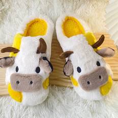 Plush Cartoon Animal Pattern Slippers, Cozy Warm Anti-Slip Comfortable Cow Design Home Shoes