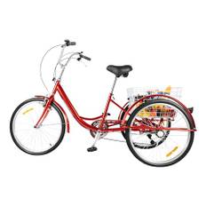 FunySF Trehjuling för vuxna, 24 tum, seniorcykel med 3 hjul, 6 växlar, vuxentrehjuling med korg och ljus (röd)