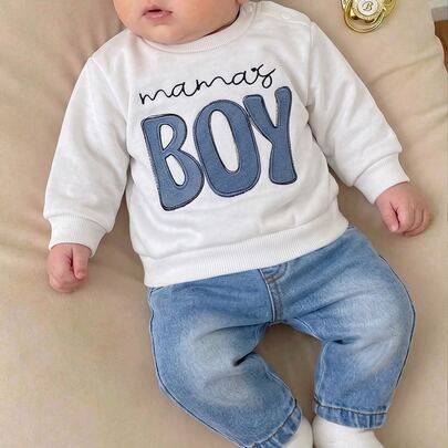 Nyfödd baby set med broderad applikation, långärmad vintertopp och jeansbyxor - Vitt (6-9M,9-12M,0-1M,1-3M,3-6M)