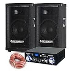 McGrey PA komplett set DJ-system PowerDJ-1000 (system med festlådor, högtalare, 2 x 300 watt, Bluetooth-slutsteg, förstärkare, högtalarkabel)