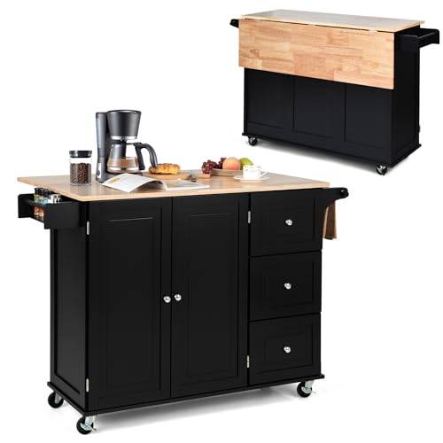 KOMFOTTEU Köksvagn med hopfällbar panel, lastad upp till 50 kg, köksö 43 x 136 x 91 cm, förvaringsvagn i trä med hjul, multifunktionell och stor, svart (svart)