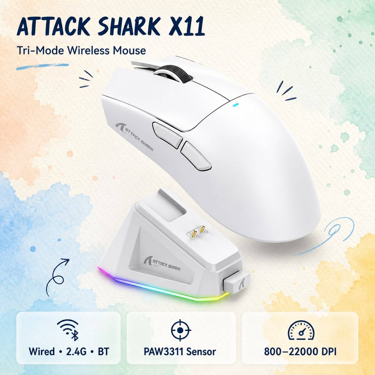 ATTACK SHARK X11-Mouse Tri-Mode Lightweight Gaming Mouse,PAW3311,22000DPI,400IPS,40G,1K Return Rate,Magnetic Fast Charging