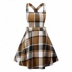 Plus Size Kvinnor Pläd Cross Back Casual Pinafore Klänning för sommar - Brun (0XL,1XL,2XL,3XL,4XL,5XL)