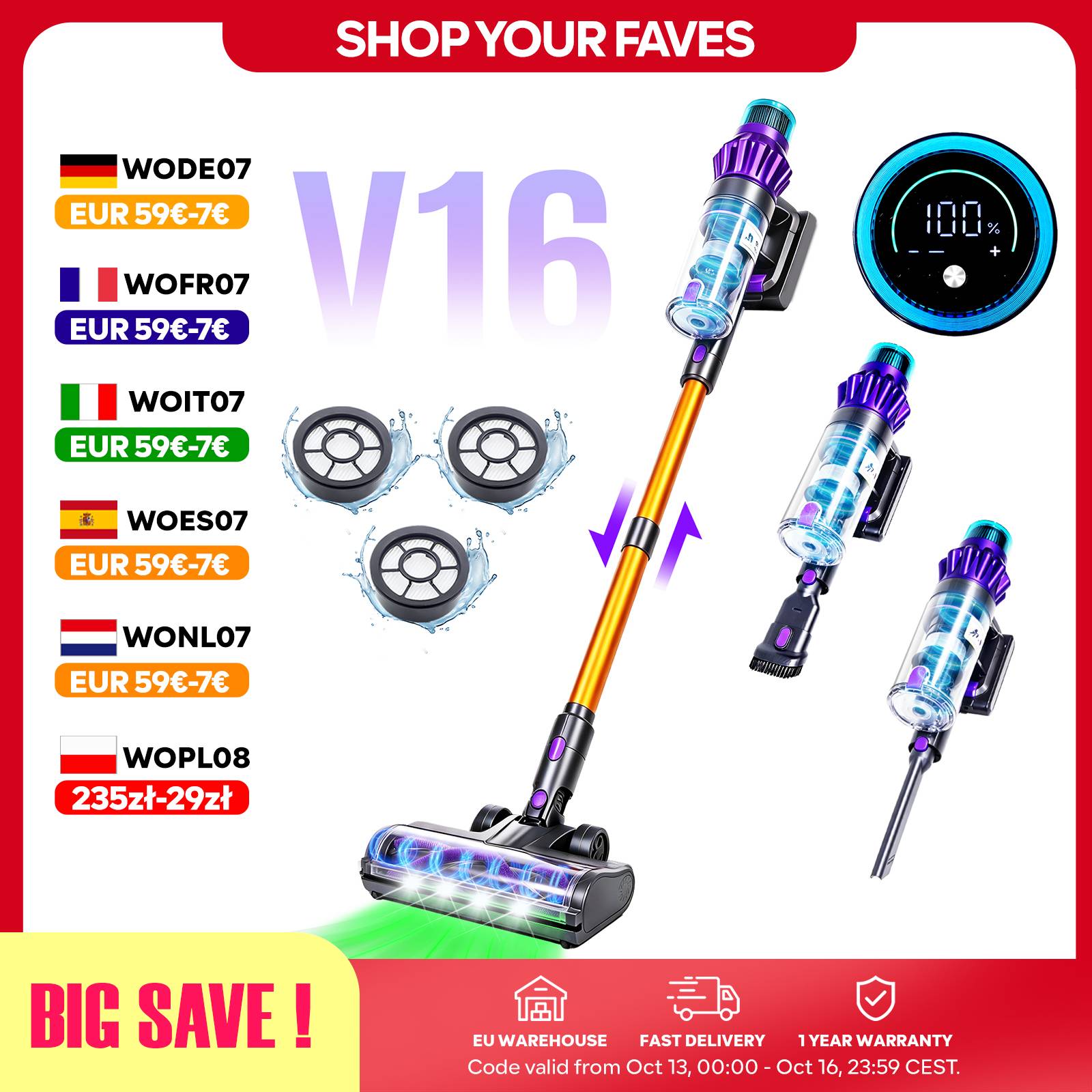 V16 Cordless Vacuum Cleaner, 500W 75Kpa 60min, Touch Screen, Auto Mode, Infrared Dust Sensor, 6-Stage HEPA Filtration, 60min Runtime, Removable Battery, LED Display for Hard Floor, Carpet and Pet Hair