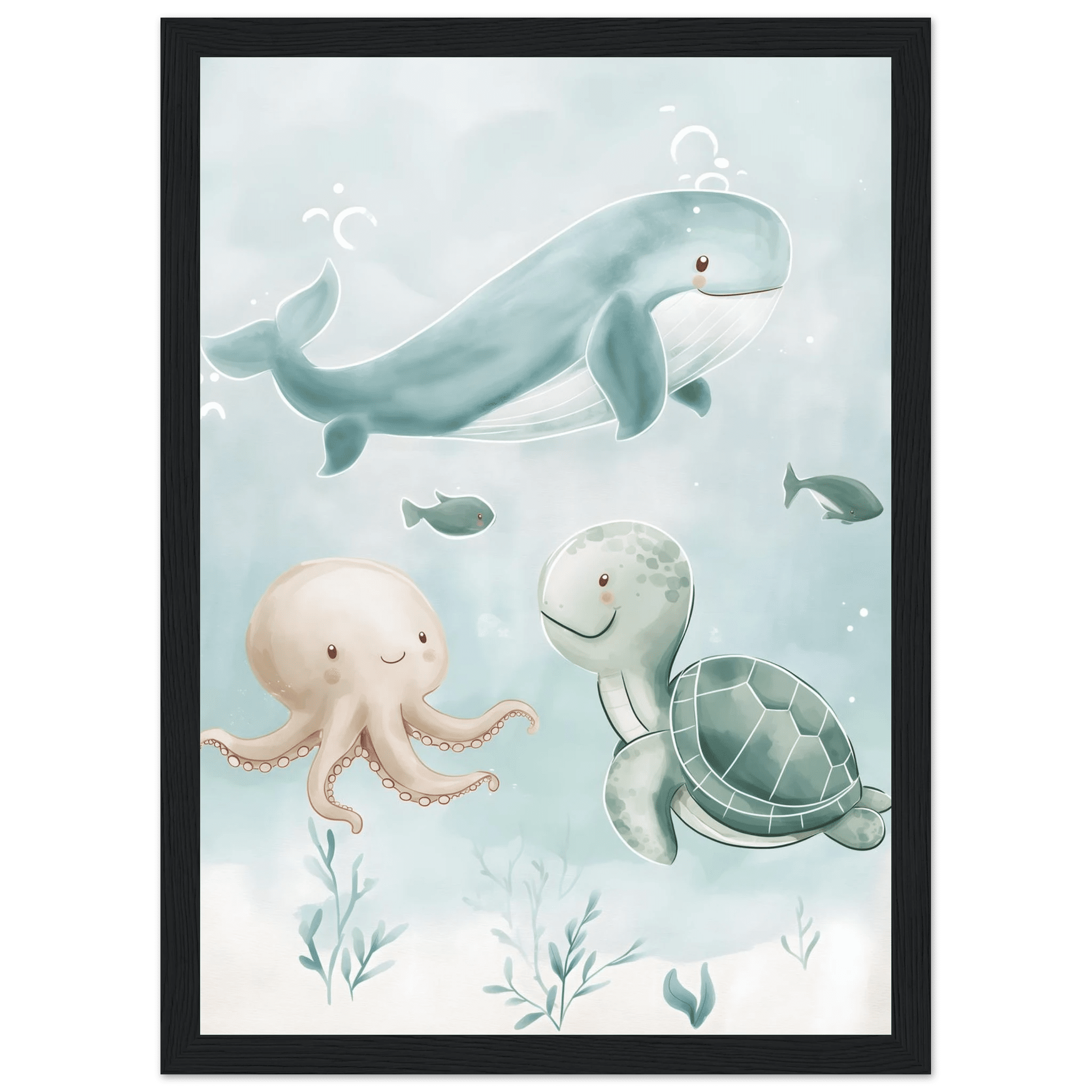 Söta havsdjur poster-21x29.7 cm / 8x12" / Med ram / Svart