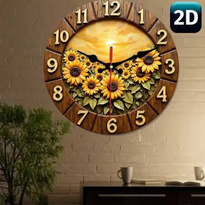 2D Retro Solros Träväggklocka - Tyst Quartz Urverk, Vibrerande Blommönster, Rund Träväggklocka, Lämplig För Vardagsrum, Kök, Studentrumsinredning (Bat - Multifärgad (12 tum (30 cm),10 tum (25 cm))