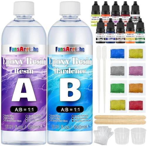 FansArriche Epoxidharz Set 1000ml, Glasklar Epoxy Resin Gießharz Mit Epoxidharz Farbe, holzstäbchen, Handschuhe, messbecher, für Kunstprojekt, schmuckherstellung, Handwerk