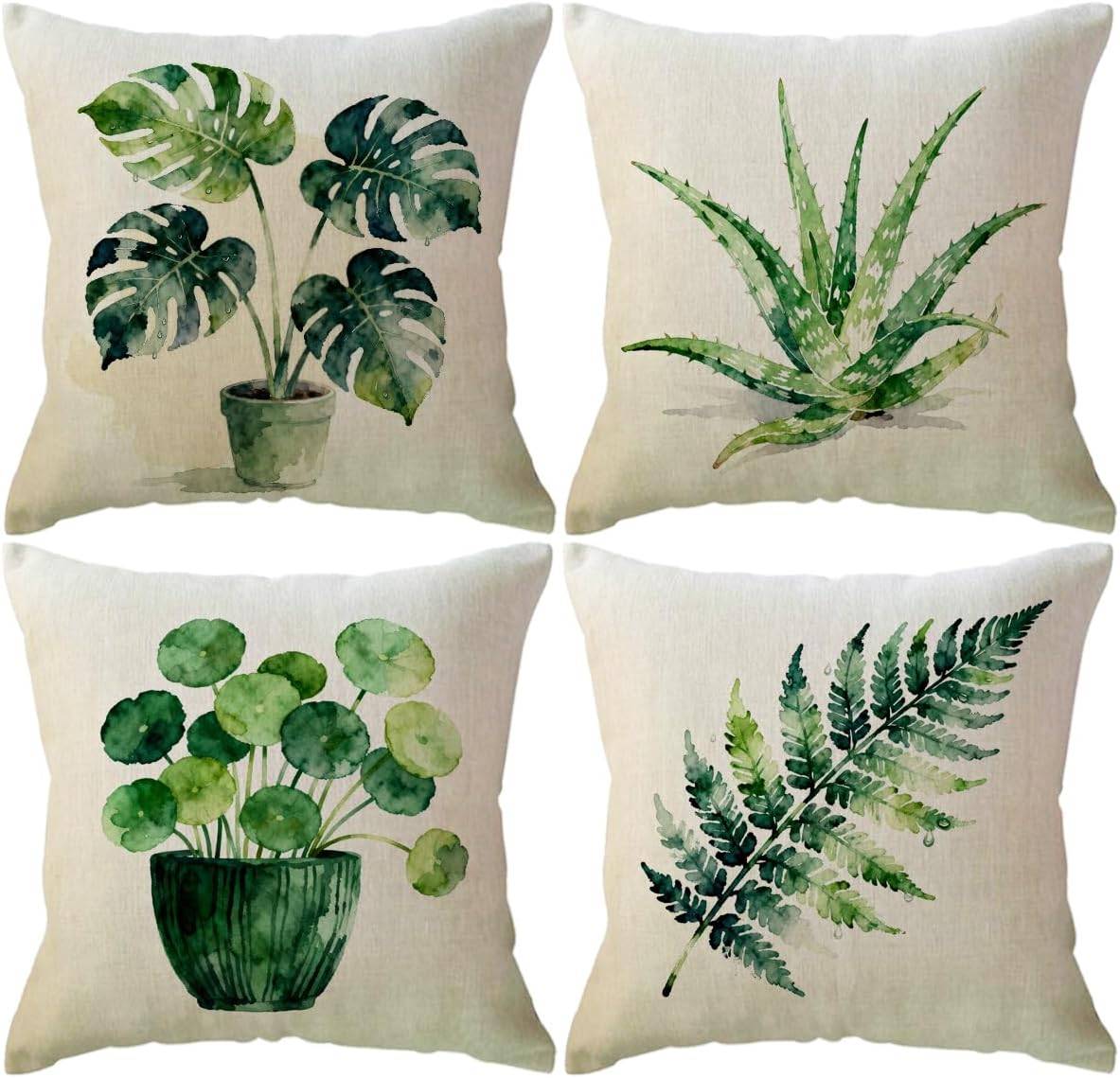 4 st Vattenfärg Grön Växt Kuddfodral Set Boho Natur Kuddfodral för Vardagsrum Soffa Sovrum Heminredning white