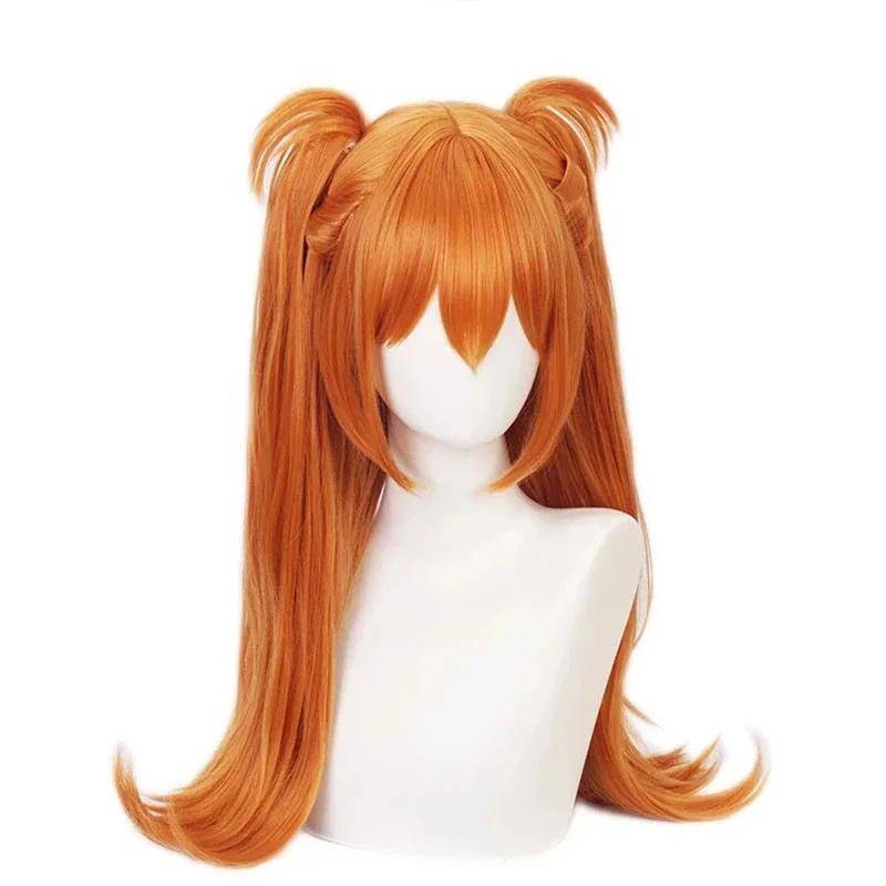 Anime Asuka Langley Soryu Cosplay Peruk Lång Orange Värmebeständig Syntetisk Hårperuk + Peruknät + Huvudbonad
