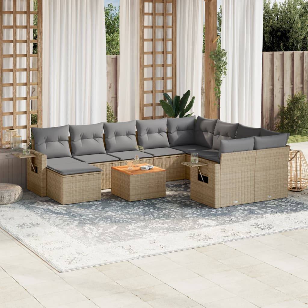 Havesofasæt 11 Dele Med Hynder Polyrattan Beige - beige og grå