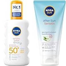 NIVEA SUN Sensitiv Omedelbart skydd solspray anti-solallergi SPF 50+ (200 ml), solspray för känslig hud, solmjölk som en spray & Nivea Sun Efter Sol Sensitiv SOS Gel med Hudlugnande Effekt, 175 ml