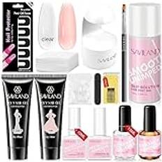 Saviland Polygel nagelstartset – poly nagelgelset med slip lösning, transparent naken polygel, U V-lampa, topp gel nagelskyddsdekal, nageldehydrator & PH Bond nagelgelset med gel nageltips set