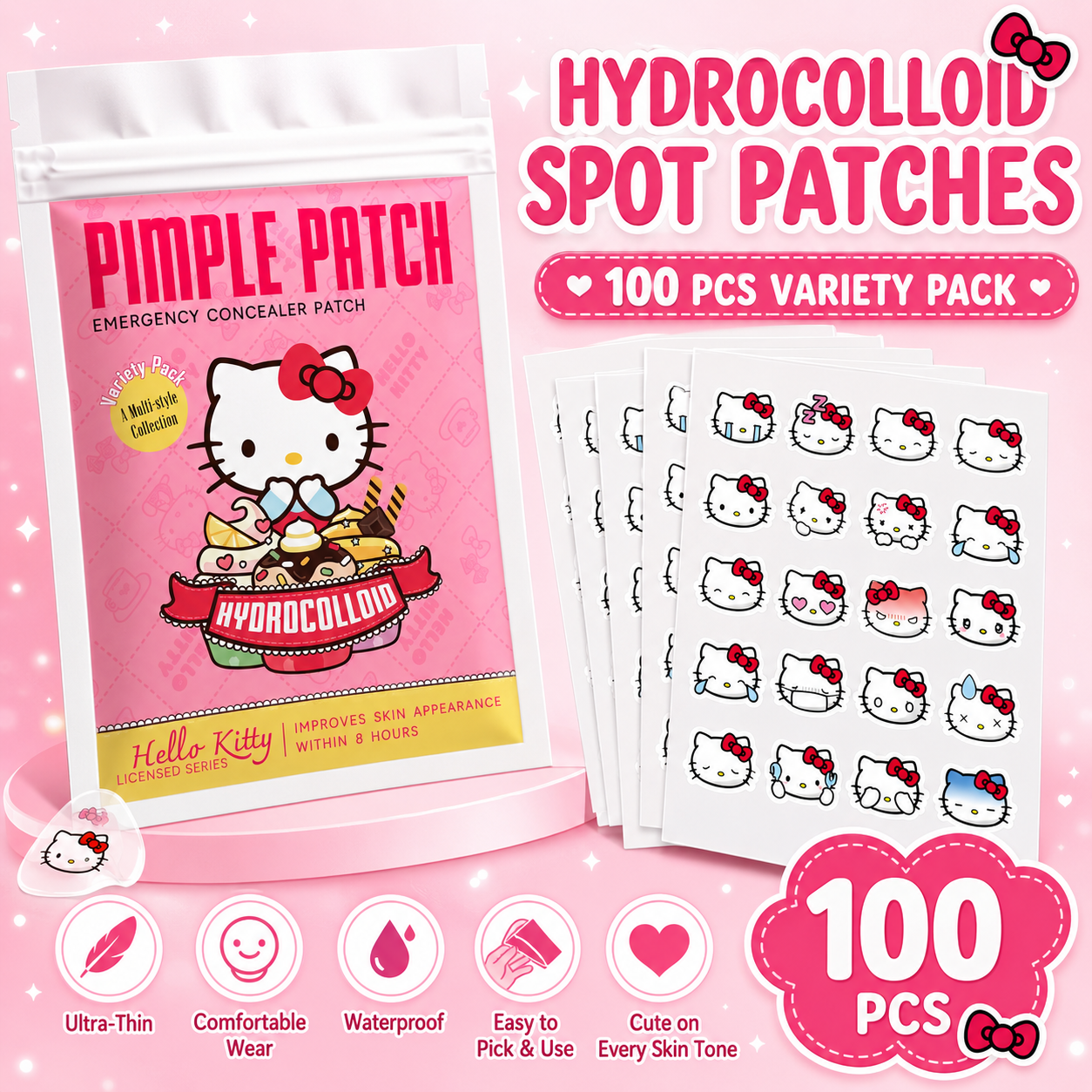 100PCS hello kitty Acne patches, facial acne patches, hydrogel acne removal patches, concealer