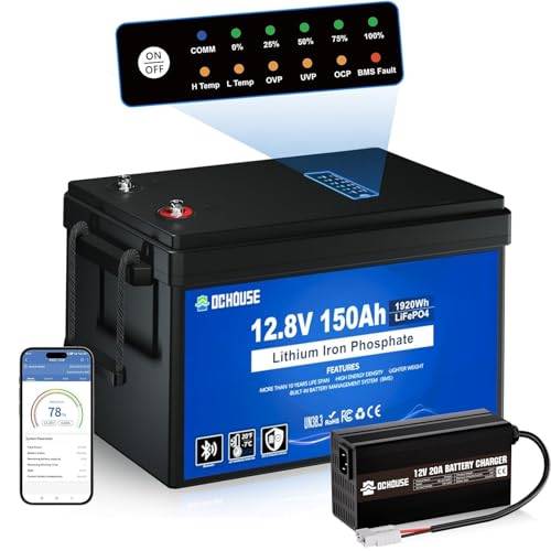 DCHOUSE 12V 150Ah LiFePO4 Bluetooth litiumbatteri med SOC lampa och 20A laddare, 10 års livslängd med upp till 15000 cykler, 120A BMS, perfekt för trollingmotorer, marin, båtar, solenergi