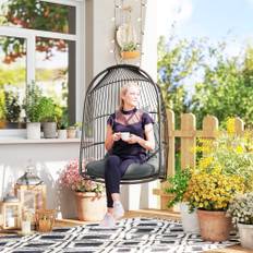 Hængestol hængekurv med hynde polyrattan gynge udendørs indendørs foldbar hængestol bæreevne op til 150 kg hængekurv hængestol til stue balkon terrasse mørkegrå