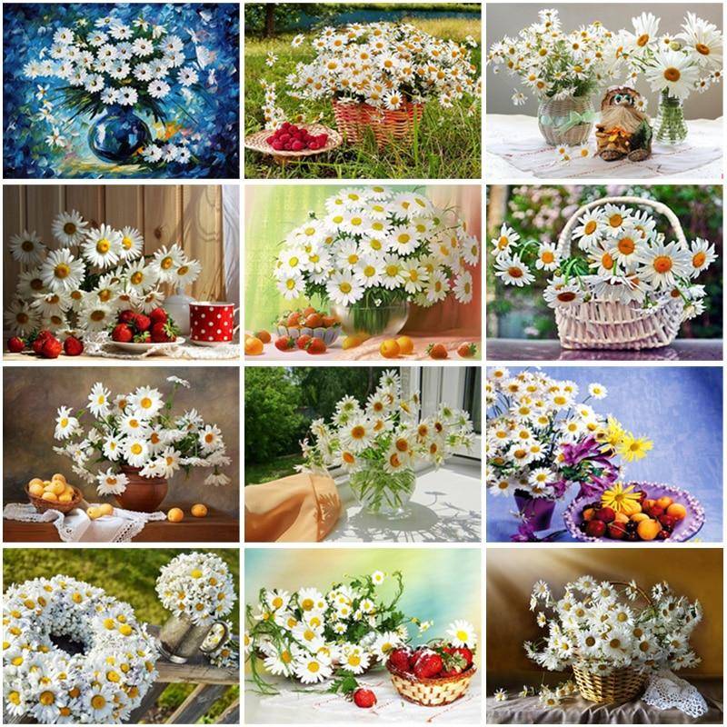 5D DIY Diamantbroderi Daisy Hel Rund Diamant Målning Blomsterlandskap Mosaik Strass Bilder Heminredning Present