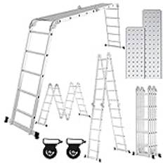 Ansobea 5,8 m aluminium multifunktionsstege 4 x 5 steg, multifunktionsstege med plattform, stege med 2 byggnadsställningsplattor, stegstege upp till 150 kg, vikstege 20 steg, silver