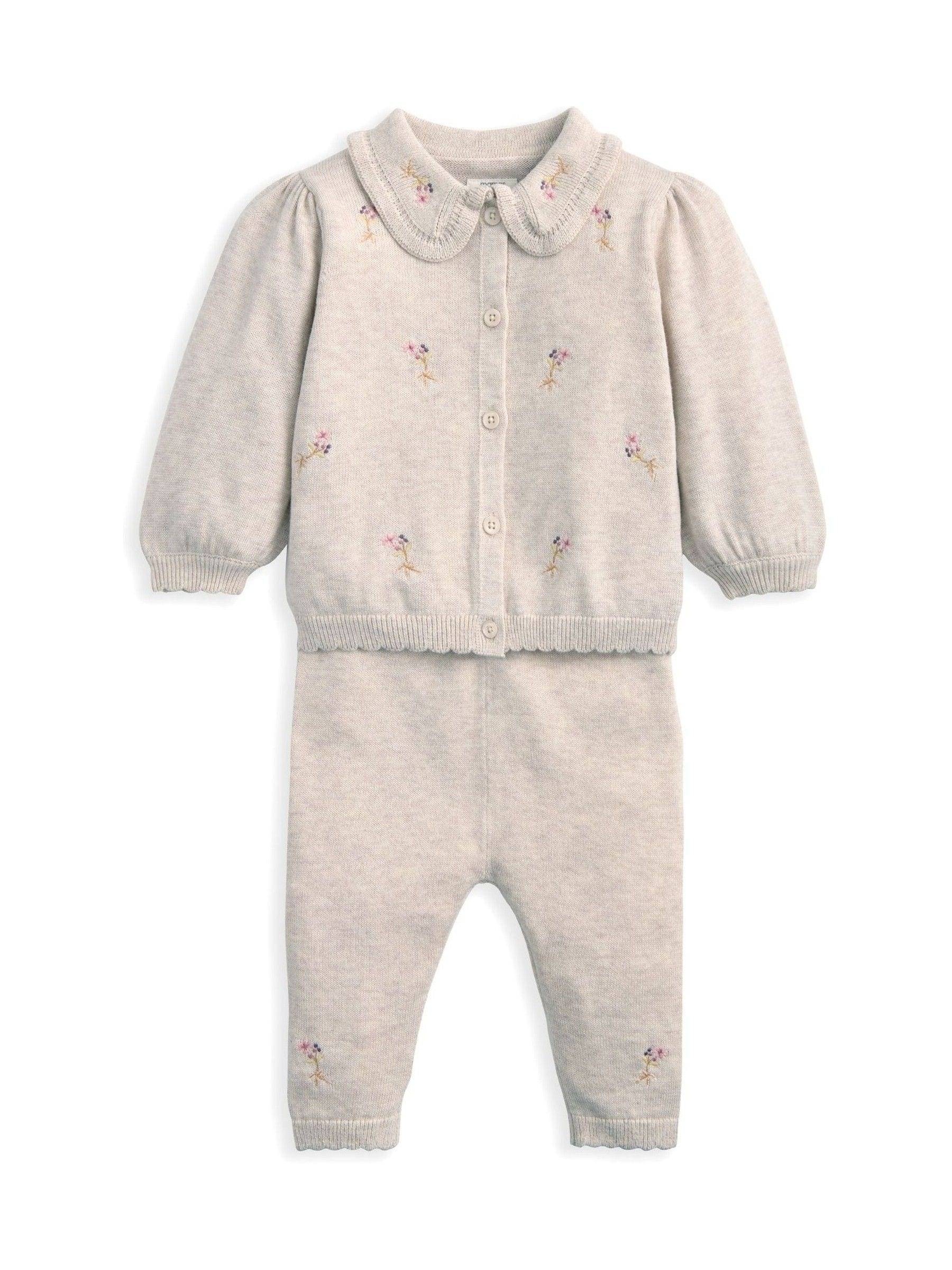 Mamas & Papas Mamas & Papas Brown Embroidered Knit Cardigan & Leggings Set with Scallop Detail