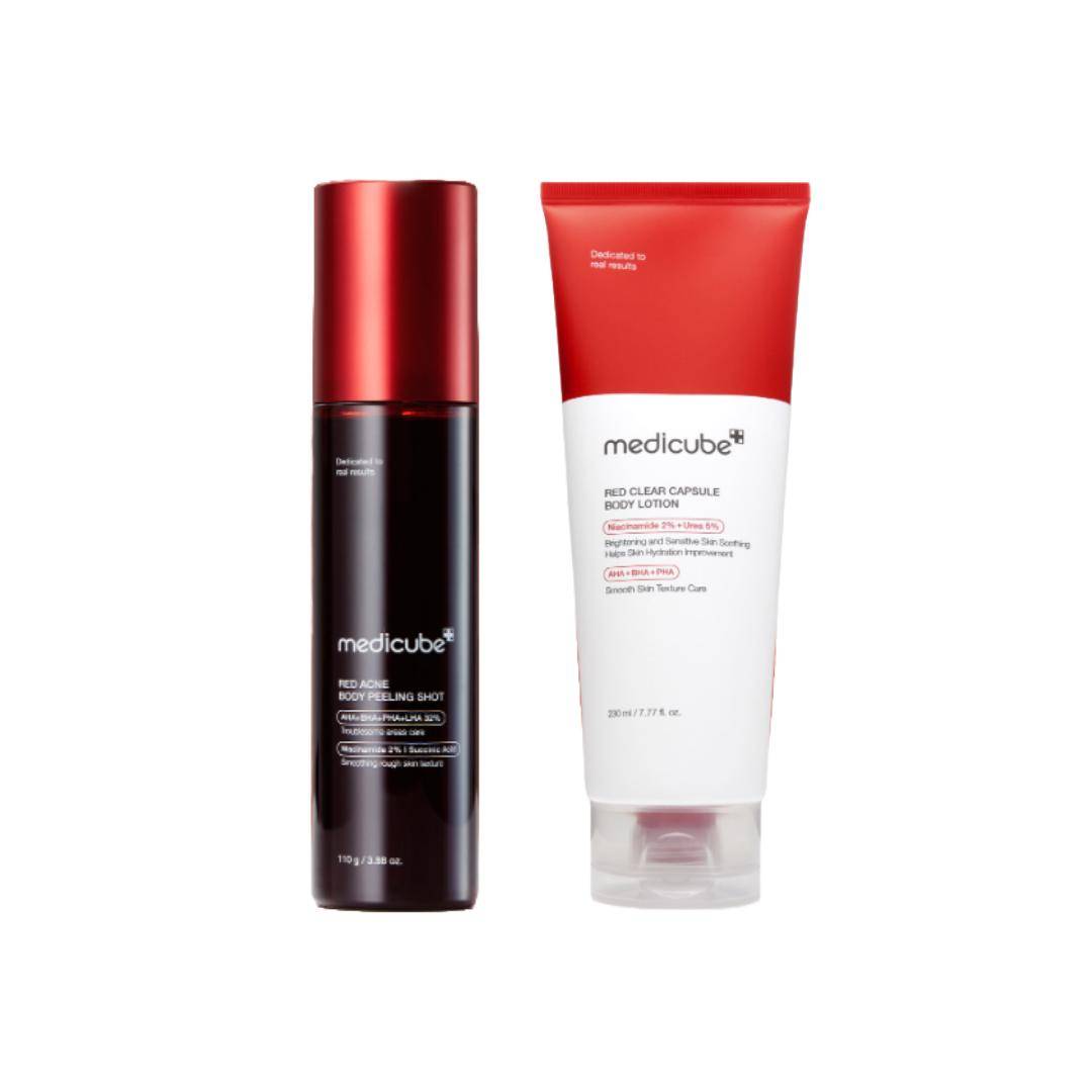 Medicube Kroppspigmentering Intensivvård Set (Red Acne Body Peeling Shot 110g / Red Clear Capsule Body Lotion 230ml) (7 Alternativ)