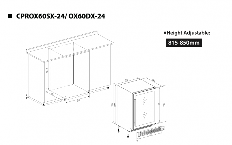 Vinkyl med Integrering under bänk 595x815x585 40 flaskor