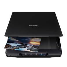 Epson flatbäddsskanner Perfection V39II, kompakt A4-skanner med integrerat stativ för vertikal skanning, bordsskanner för foton och dokument, med bildbehandling, svart