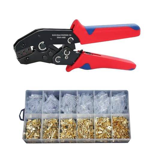 AGSYFFD 450 st kabelterminal krimpverktygssats, spadkontakt, knimpverktyg, spärrhake, kniptång, AWG 22-16 (0,5-1,5 mm²) mässing hane hona kabelterminalanslutning