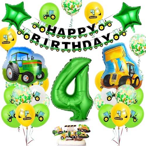 Födelsedagsdekoration med traktor 4 år, grön ballong för barnfödelsedag, festdekoration för pojkar 4 år