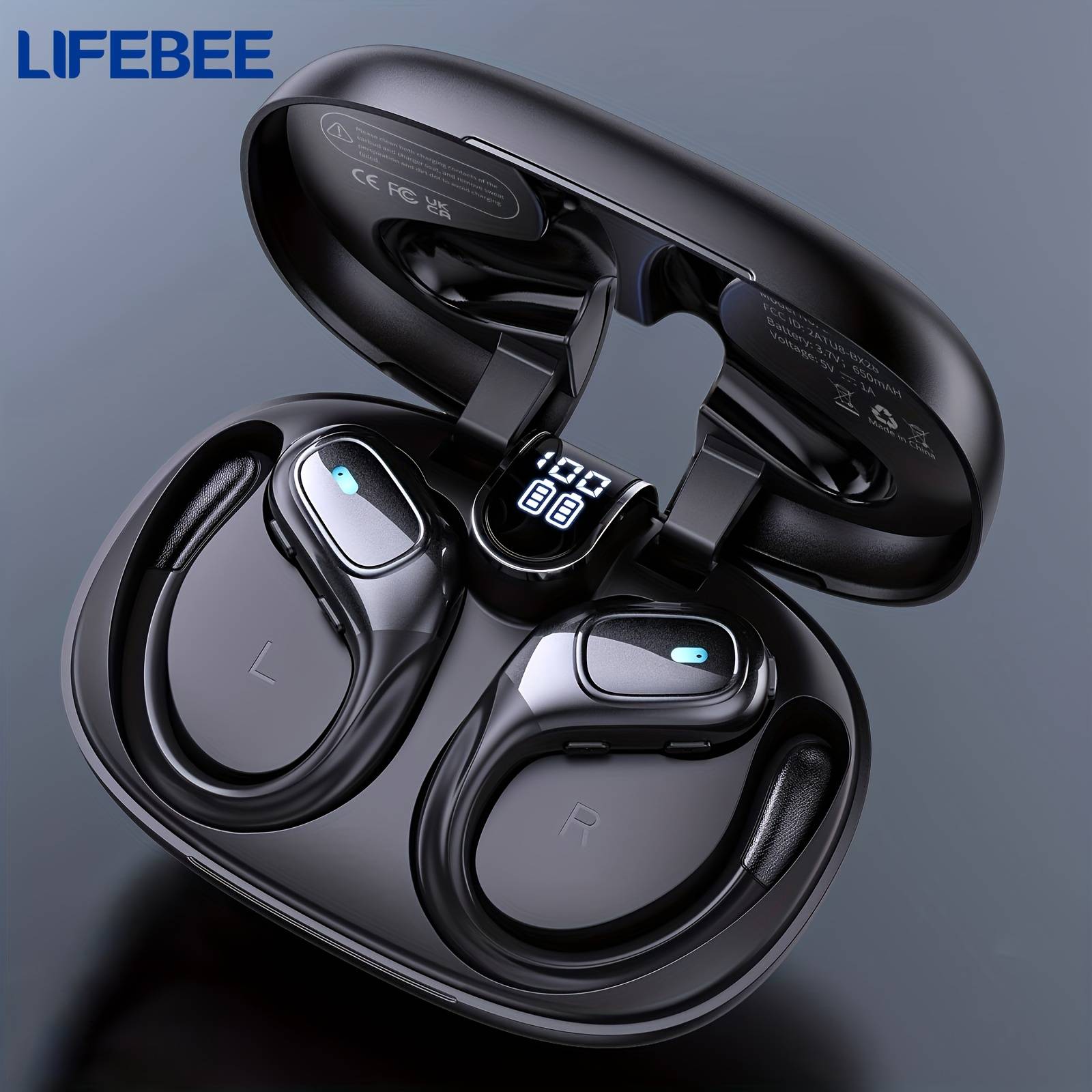 TEMU New Wireless Earphones, Lifebee Wireless Earbuds For Running Sports Stereo Audio Led Display, Enc Noise Cancelling Headset Built-in Mic Over-ear Headphones Earphones With Earhooks
