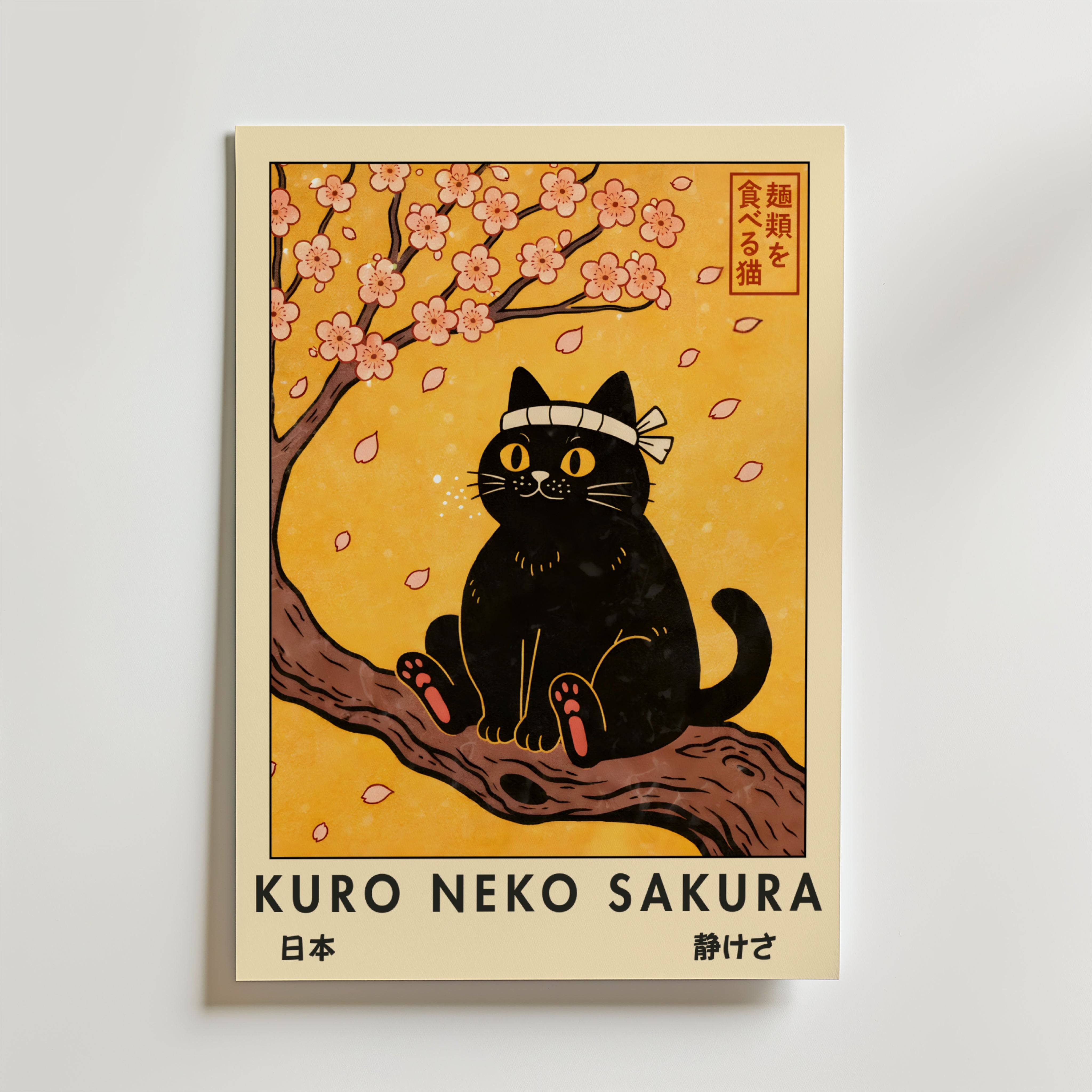 Kuro Neko Sakura Cat Poster - Fine Art Poster 70x100 cm