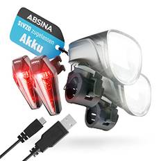 ABSINA 2 x LED-cykelljus i set, USB uppladdningsbar – 200 m räckvidd och 100 lux cykelbelysning StVZO-godkänd – cykellampor fram och bak, cykelljus LED-set, batteri cykellampa set