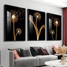 3pcs Abstract Golden Dandelion Luxury Wall Art Canvas Painting, Suitable For Living Room Cuadros Decor, Unframed