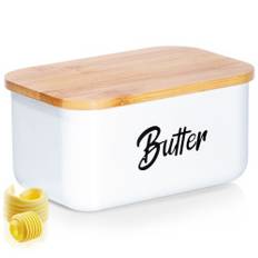 Smörbytta i vit stål med bambulock och Butter-text