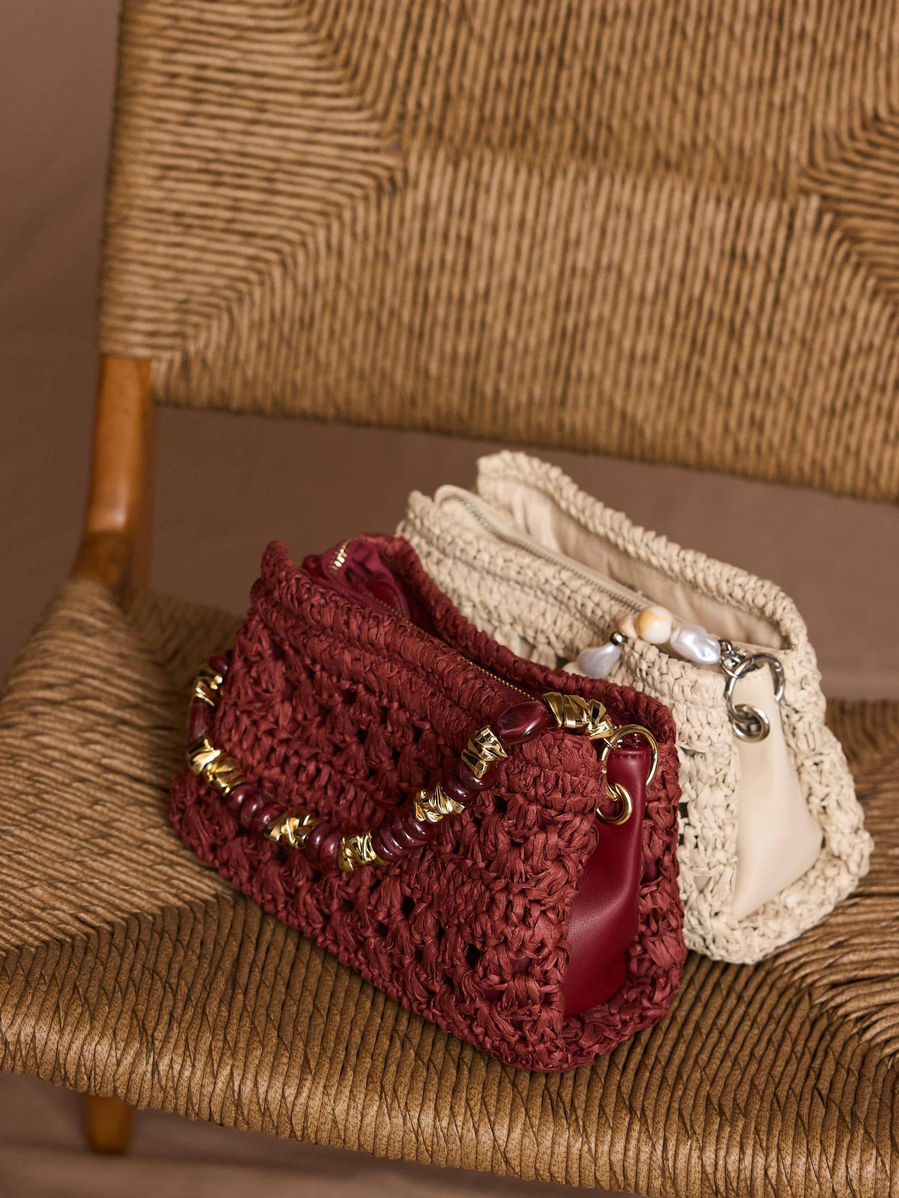 Mint Velvet Mint Velvet Red Sara Paper Crochet Style Cross-Body Bag with Beaded Charm Handle