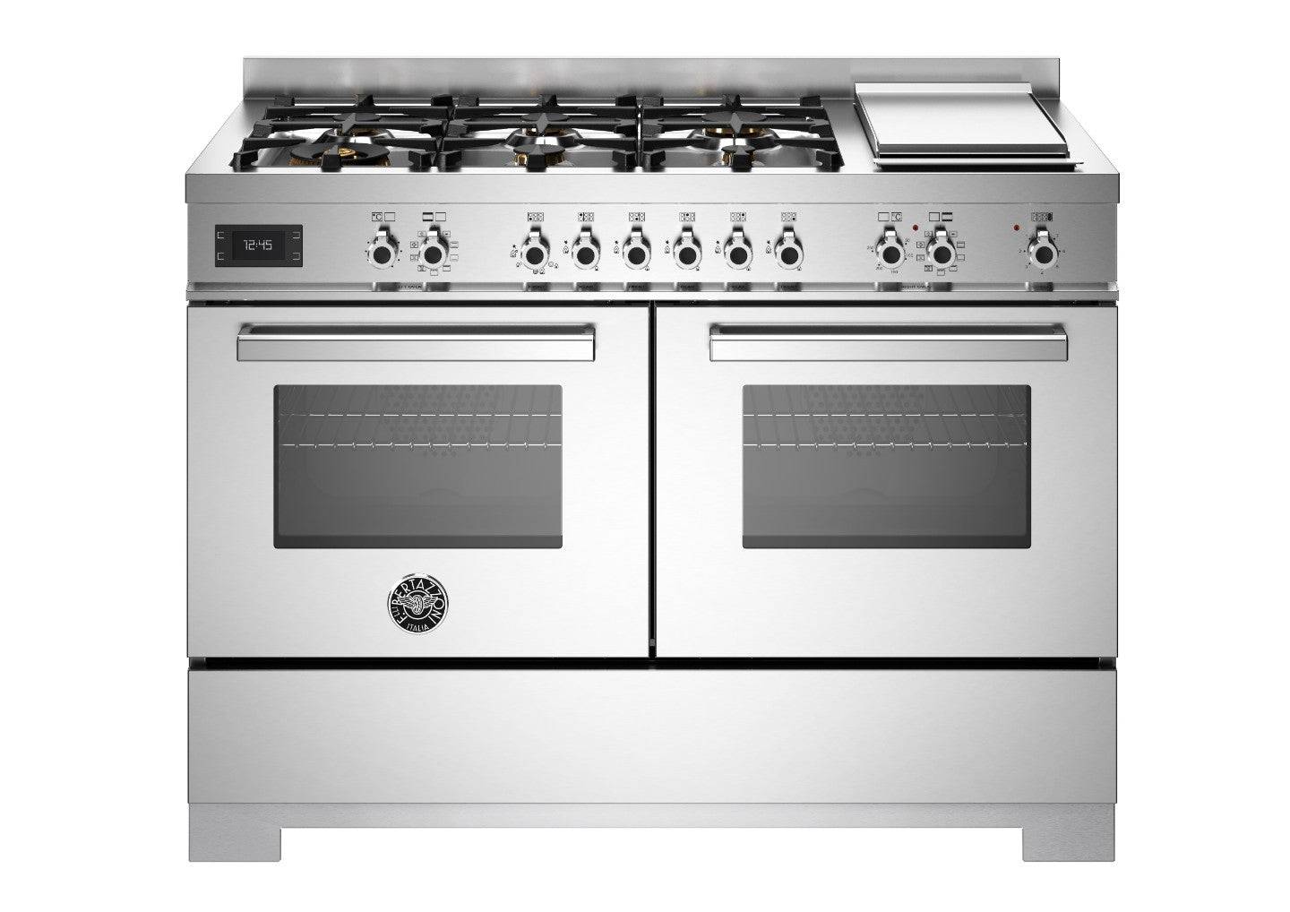 Bertazzoni, Professional-serien, Gaskomfur, 120 cm, 6 gasblus + elektrisk stegeplade, 2 ovne. Rustfrit stål.