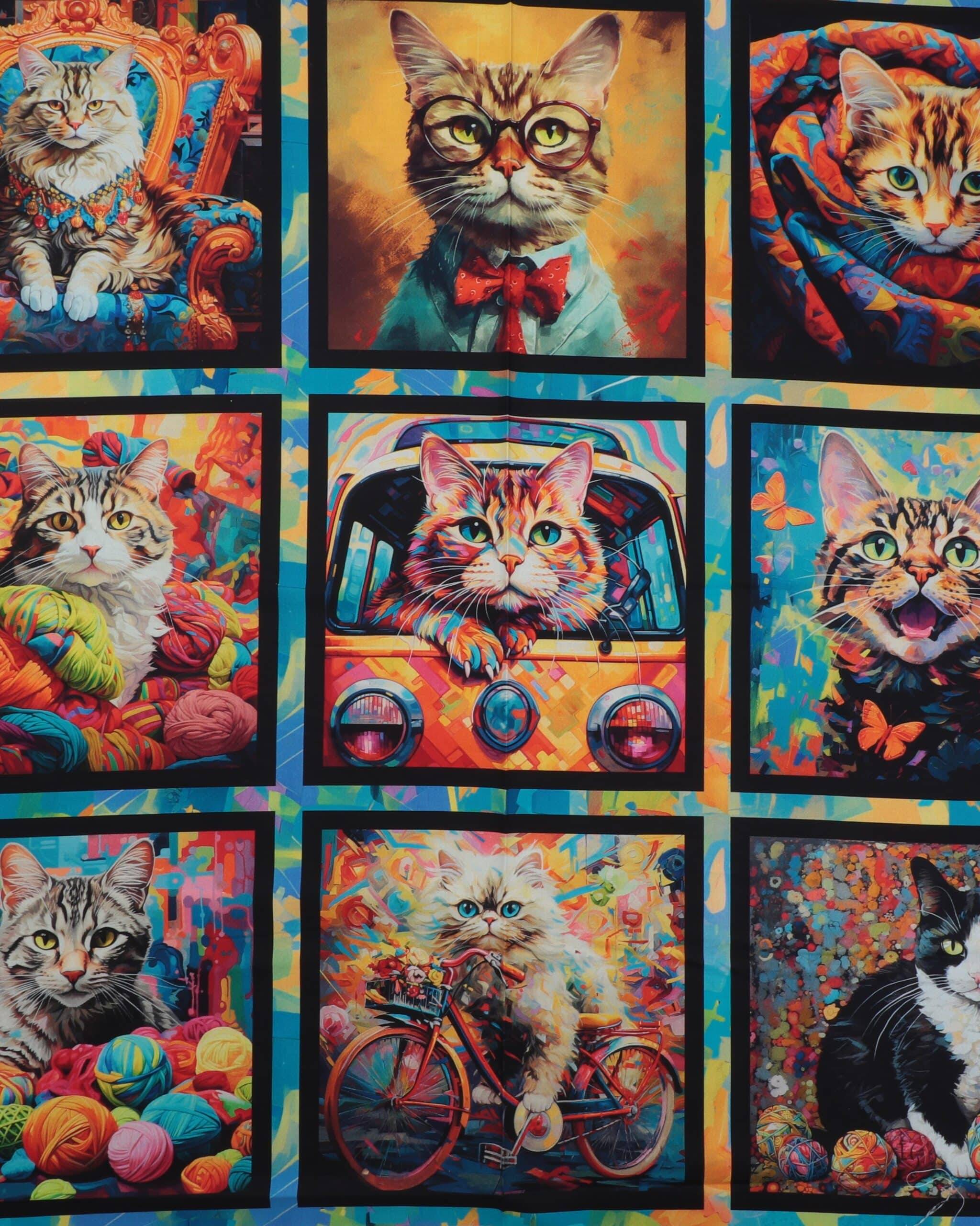 Purrfect playful, 9 motiver med katte - Patchwork panel - 100% Bomuld