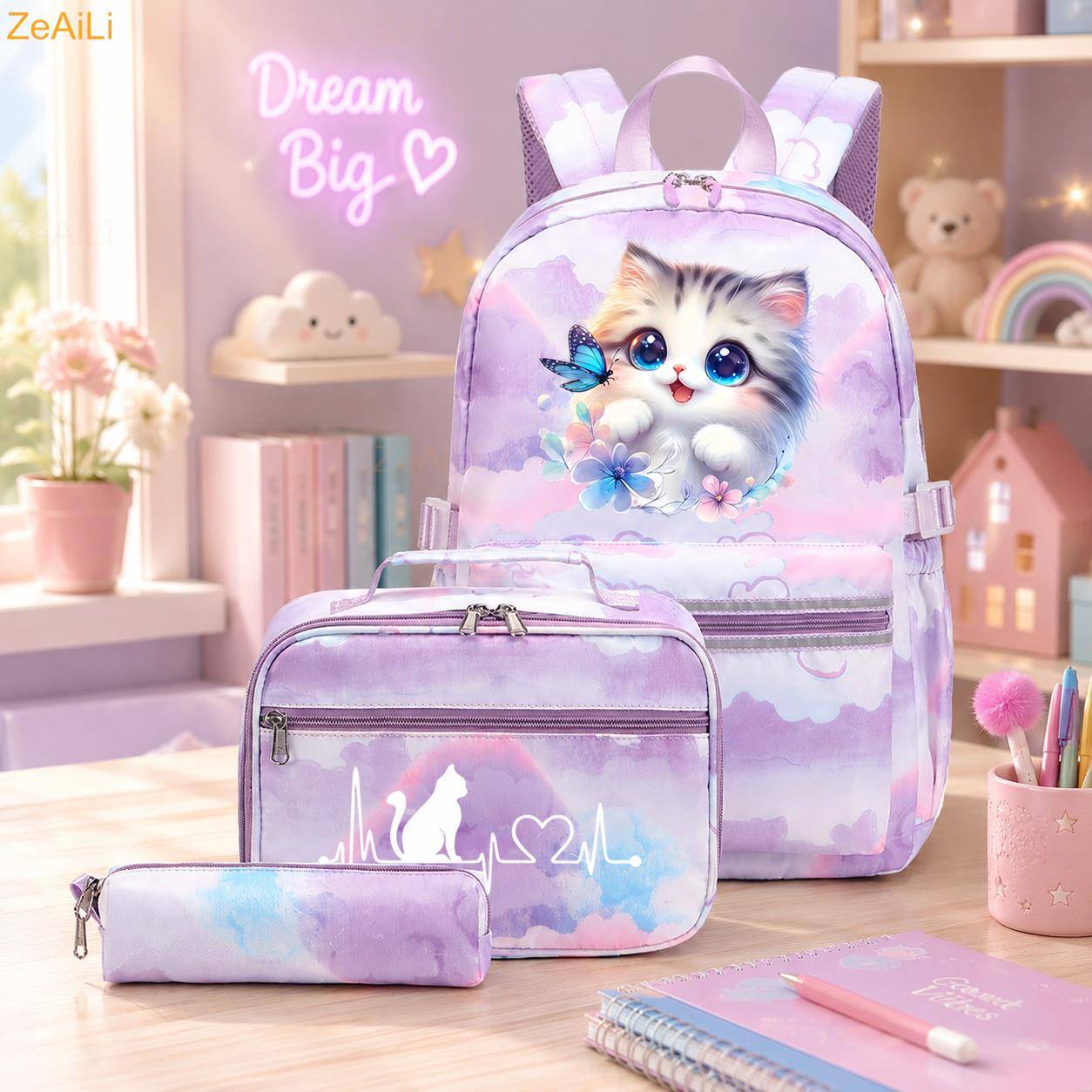 3Pcs Dragon Cute Cat Heart-Shaped Purple Teenager Backpacks with Lunch Bag Colorful Travel Bag Girls School bags Mochilas Sets