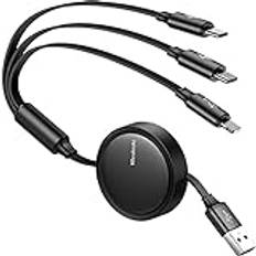 mcdodo Multi USB-kabel 3-i-1 infällbar laddningskabel med upprullbar universell laddningskabel mikro USB C Lightning för iPhone, Android Samsung Galaxy (svart)