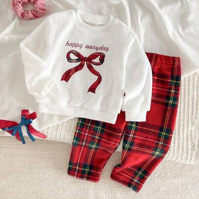 Jul Höst/Vinter Dubbelsidig Flannel Termofodrad Förtjockad Babyflickset, Söt Söt Bow Broderi Vit Plysch Topp med Moderiktiga Rödrutiga Plysch Långbyxo (9-12M,12-18M,18-24M,2-3Y)