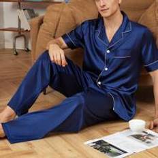 Herr Kontrastpasspassage Satin Top & Byxor PJ Set / Pyjamas Set - Marinblå (L,M,S,XL)