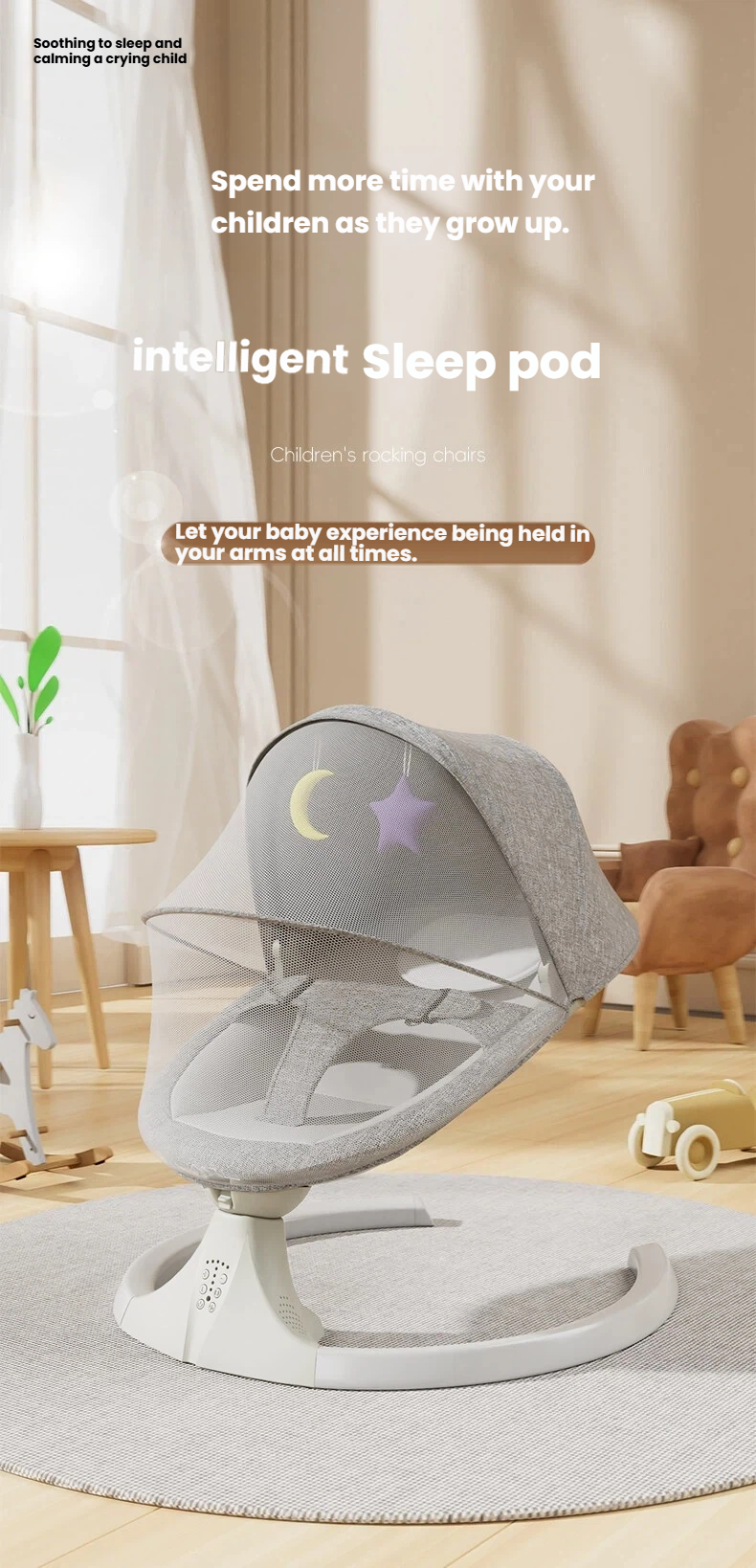 Electric Infant Swing Chair Bluetooth Music Remote Control 15KG Capacity Baby Rocker with 5 Speed Sway Adjustable Recline Timer Breathable Mosquito Net Safety Harness Stable Base Portable Smart Baby