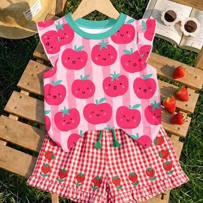 Babyflicka vintage söt dopamin äppelrandigt mönster, avslappnad mode söt topp med korta ärmar och rund hals, lämplig för vår/sommar, koreansk stil, av - Multifärgad (6-9M,9-12M,12-18M,18-24M,2-3Y,3-6M)