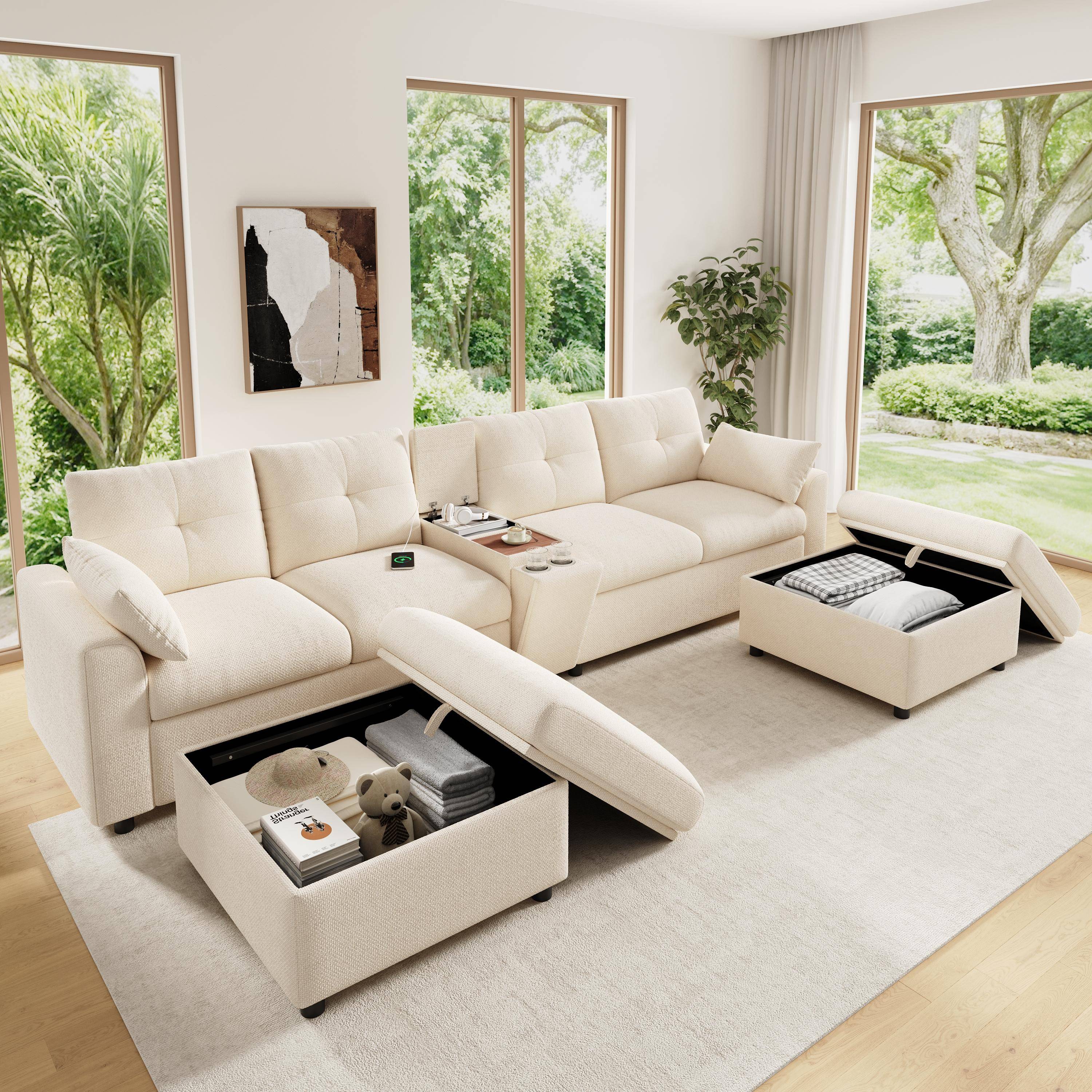 Modular Corner Sofa 6-Seater U-/L-Shape, 2 Storage Stools, Center Console, Storage Compartment & Cup Holders, USB & Type-C, Chenille, Beige
