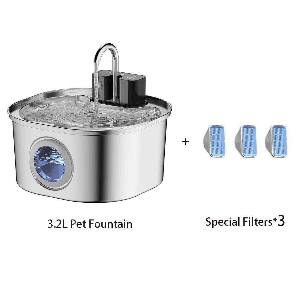 3.2L Wireless Smart Pet Water Fountain - Stainless Steel Automatic Dispenser with Visual Window - Add 3filters / L / 3.2L (L)