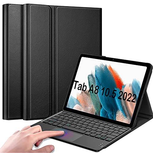 QYiiD TouchPad tangentbordsfodral för Galaxy Tab A8 10,5 tum 2021 modell SM-X200/X205/X207, PU-läderstativ skydd med magnetiskt avtagbart trådlöst Bluetooth-tangentbord för Galaxy Tab A8 10,5 tum, svart