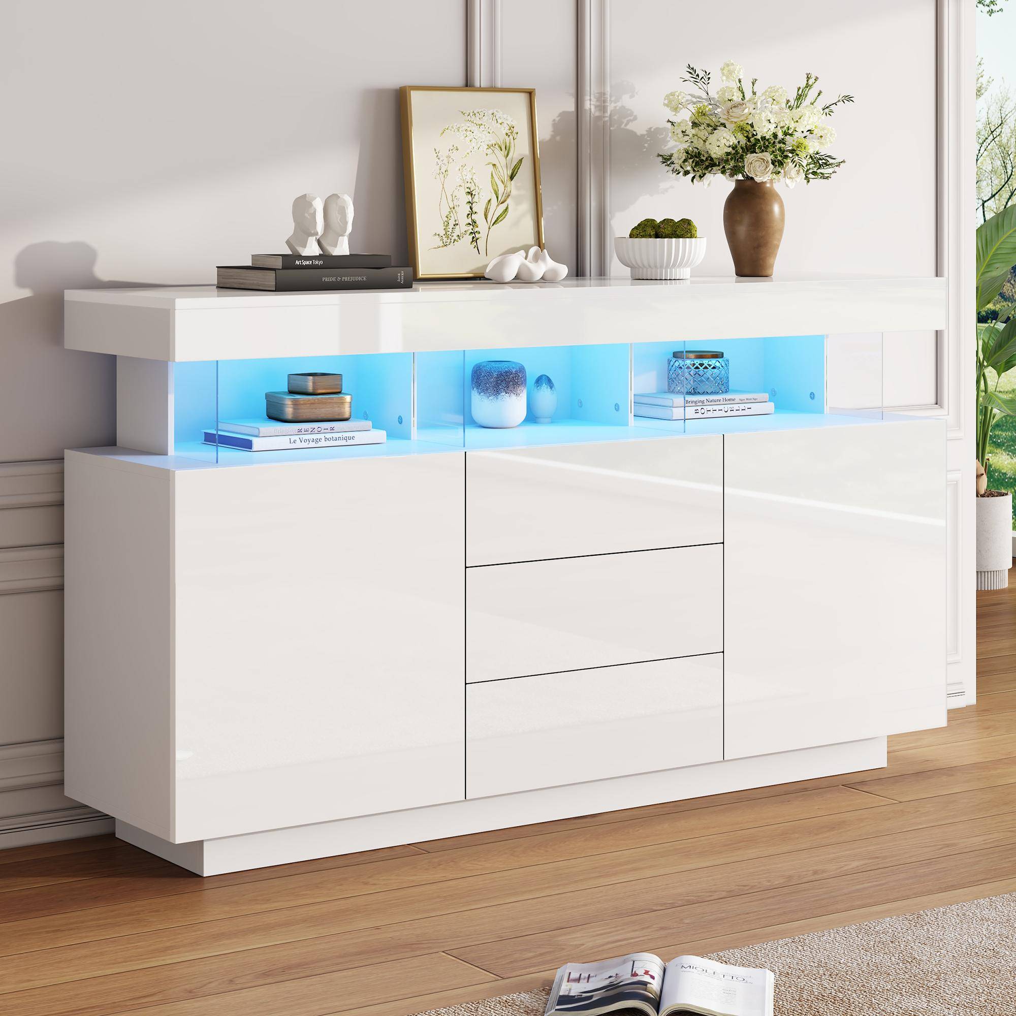 High-gloss Storage Cabinet with App-Controlled LED Lighting, Locker with Adjustable Shelves, Soft-close Drawers, 140L x 35W x 80H cm, White Aosom UK