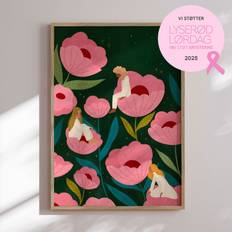 Plakat - Three Women Stitting On Large Pink Flowers - Bea Müller Plakat - Str:30 x 40 Cm - Incado