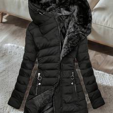 TEMU Women's Winter Fleece-lined Hooded Coat - Mid-length Loose Fit Parka With Fur-lined Hood, Front Zipper & Pockets, Black Casual Outerwear, Big Fluffy Hooded Winter Coats,