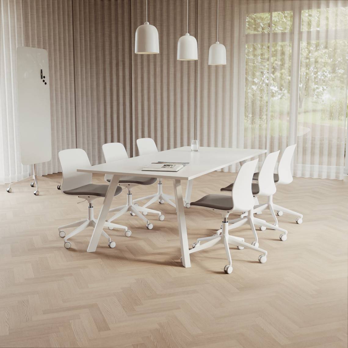 Konferencesæt Viggo + Ergo 006C, Størrelse 6 pladser (220 cm), Bordplade Hvid, Understel Hvid, Stol Hvid / Lysegrå
