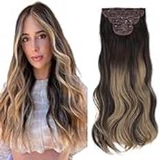 Gairyan Clip in Extensions lockar 4 delar sats hårförlängningar med hårstycke som äkta hår, syntetisk vågigt klämma i hårförlängning vågigt lång, 55 cm mellanbrun ombre blond