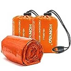 HONYAO® Nödfilt Sovsäck med Visselpipa, Survival Sleeping Bag, Nödsovsäck - Ultra Lätt, Hålla Varm, Vattentät, för Utomhus Camping Vandring - Orange 2 Stycken